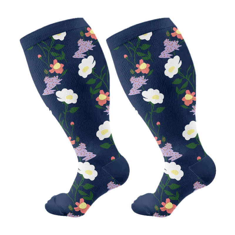 Plus Size Butterfly Flower Print Compression Socks(3 Pairs) - Navy Blue(1 Pair) - 4XL - image 5