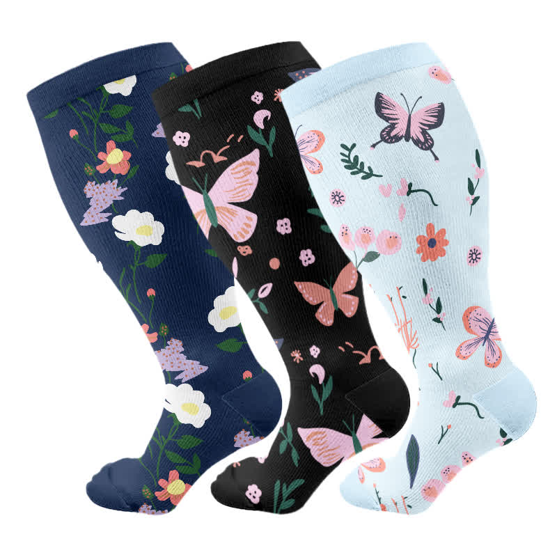 Plus Size Butterfly Flower Print Compression Socks(3 Pairs) - Multicolor - 4XL - image 4