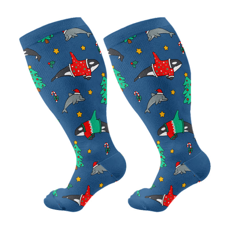 Plus Size Snowman Whale Elk Compression Socks - Blue - 4XL - image 5