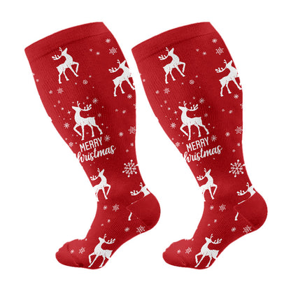 Plus Size Snowman Whale Elk Compression Socks - Red - 4XL - image 7