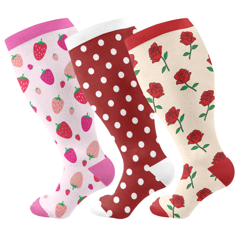 Plus Size Strawberry Rose Compression Socks(3 Pairs) - Multicolor - 4XL - image 1