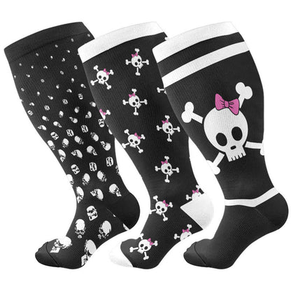 Plus Size Halloween Large Skull Print Compression Socks(3 Pairs) - Multicolor - 4XL - image 1