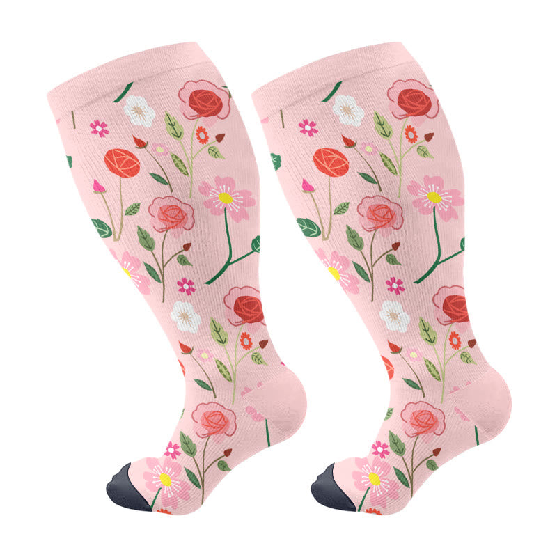 Plusock Plus Size Elegant Flowers Compression Socks(3 Pairs) - Pink - 4XL - image 5