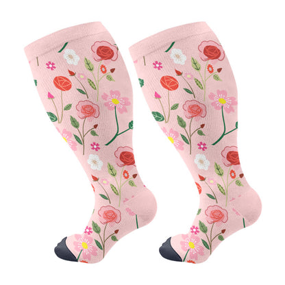 Plusock Plus Size Elegant Flowers Compression Socks(3 Pairs) - Pink - 4XL - image 5