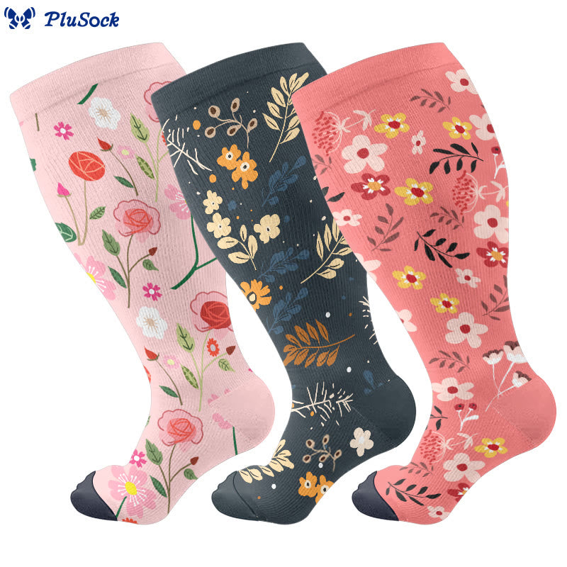 Plusock Plus Size Elegant Flowers Compression Socks(3 Pairs) - Multicolor - 4XL - image 4