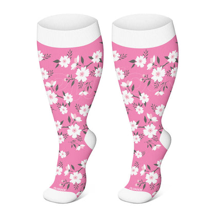 Plusock Plus Size Pink Flowers Compression Socks(3 Pairs) - Pink - 4XL - image 3