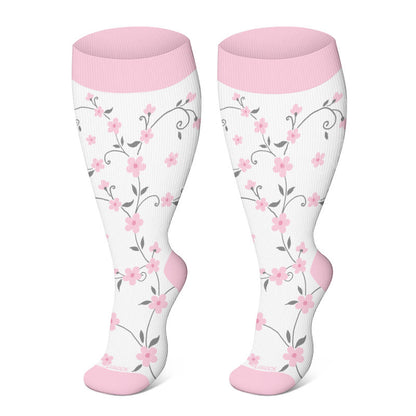 Plusock Plus Size Pink Flowers Compression Socks(3 Pairs) - White - 4XL - image 2