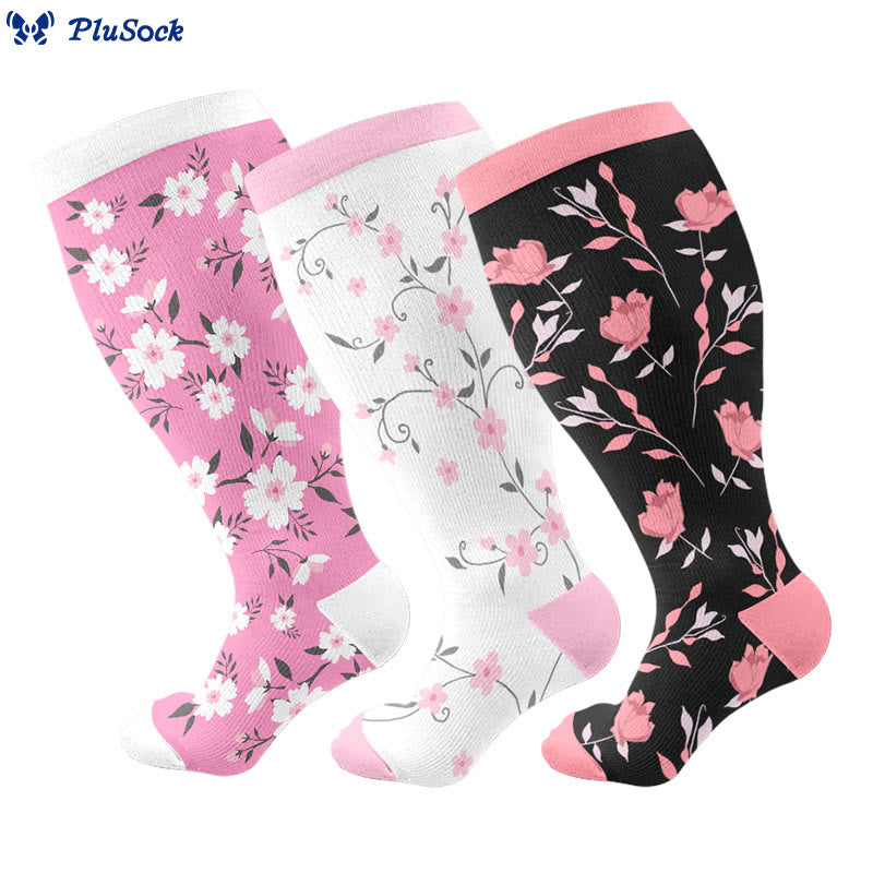 Plusock Plus Size Pink Flowers Compression Socks(3 Pairs) - Multicolor - 4XL - image 1
