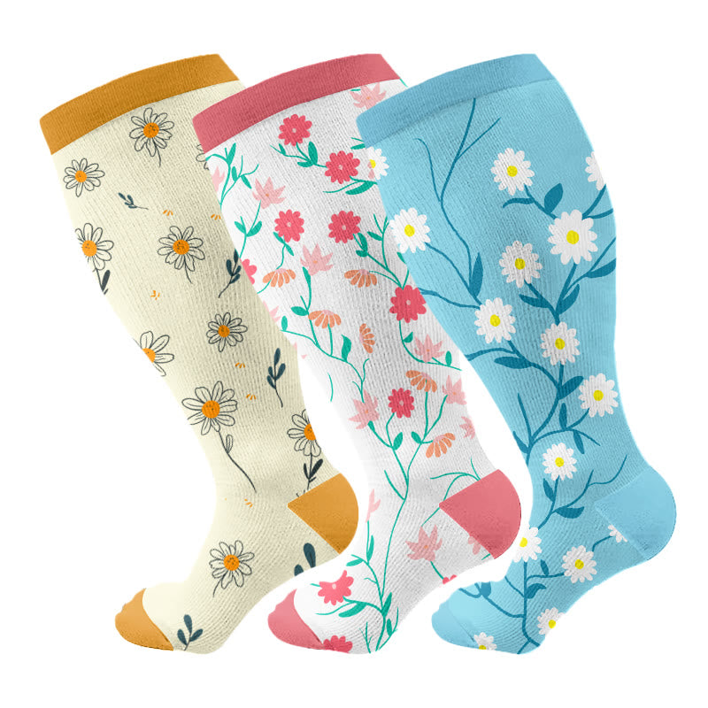 Plusock Plus Size Spring Flowers Compression Socks(3 Pairs) - Multicolor - 4XL - image 4