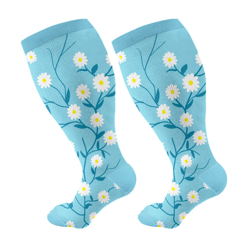Plusock Plus Size Spring Flowers Compression Socks - Blue - 4XL - image 7