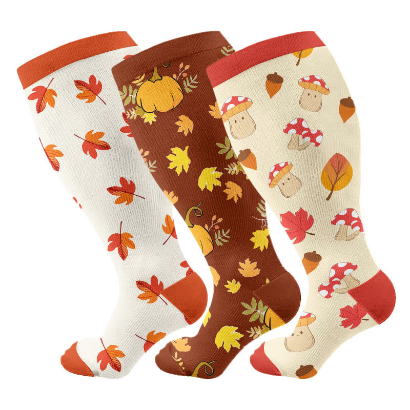 Plus Size Mushroom Maple Leaf Compression Socks(3 Pairs) - Multicolor - 4XL - image 5