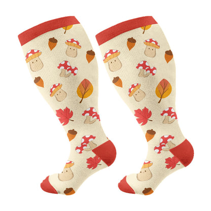 Plus Size Mushroom Maple Leaf Compression Socks - Wine - 3XL - image 7
