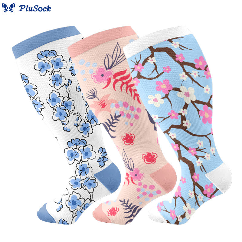Plusock Plus Size Flower Series Compression Socks(3 Pairs) - Multicolor - 4XL - image 1