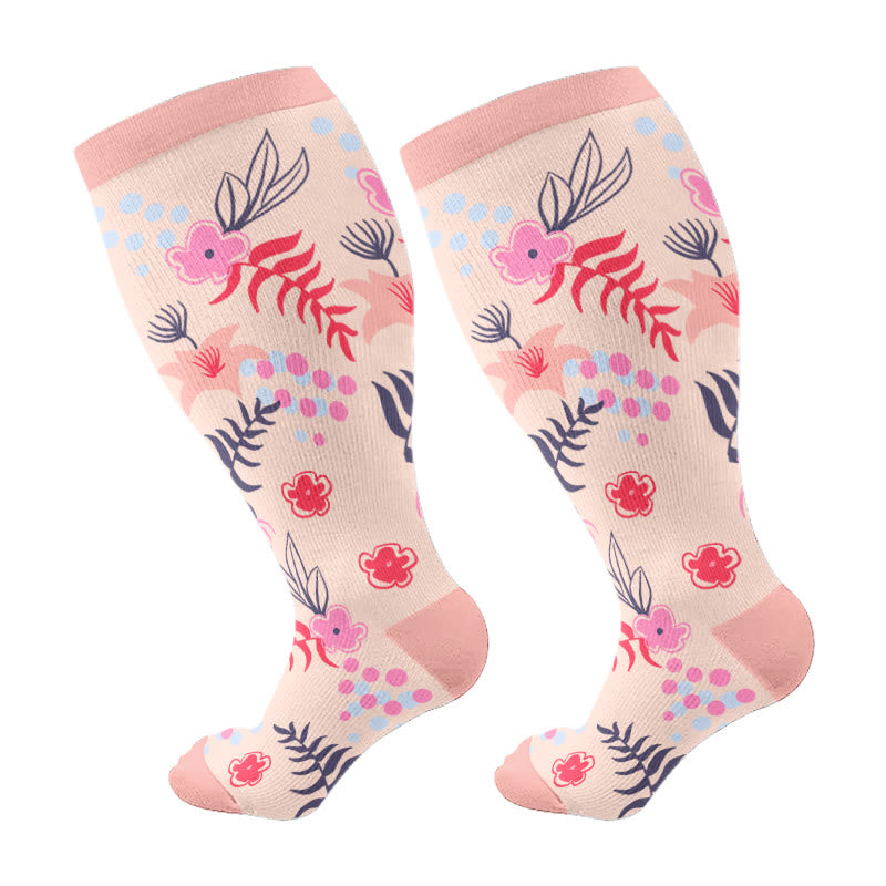 Plusock Plus Size Flower Series Compression Socks(3 Pairs) - Pink - 4XL - image 5