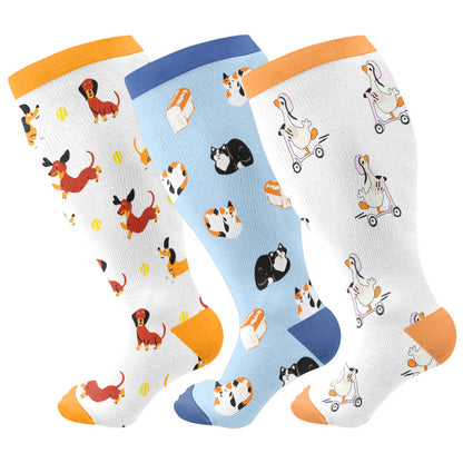 Plusock Plus Size Cats Dogs Ducks Compression Socks(3 Pairs) - Multicolor - 4XL - image 1
