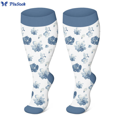 Plusock Plus Size Blue Ink Flower Compression Socks(3 Pairs) - image 3