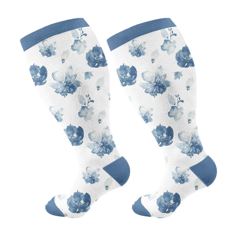 Plusock Plus Size Blue Ink Flower Compression Socks(3 Pairs) - Dark Blue(1 Pair) - 4XL - image 6