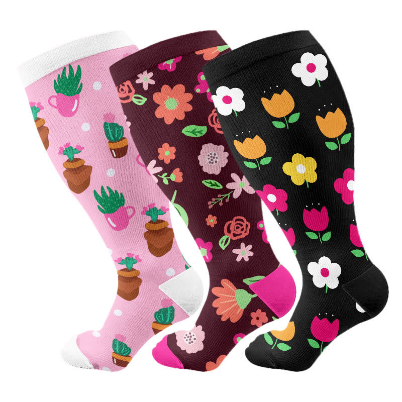 Plusock Plus Size Cactus Flowers Compression Socks(3 Pairs) - Multicolor - 4XL - image 1