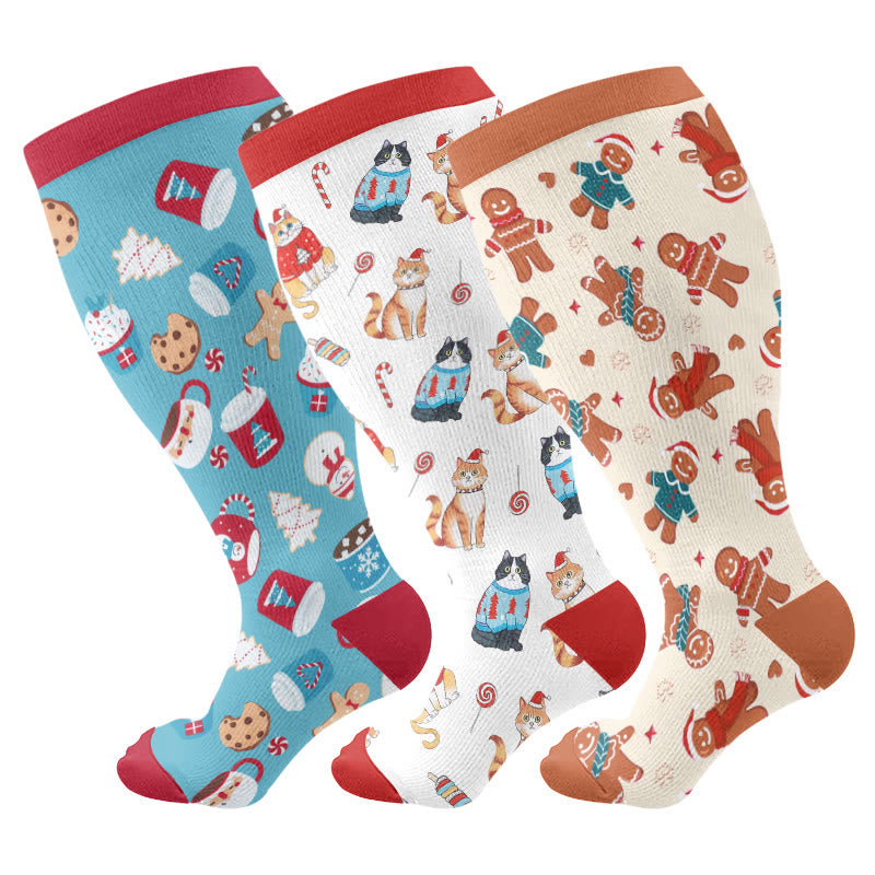 Plus Size Adorable Christmas Mix Compression Socks(3 Pairs) - Multicolor - 4XL - image 1