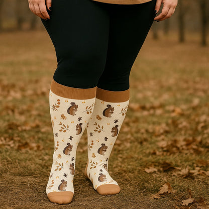 Plus Size Squirrel Leaf Print Compression Socks(3 Pairs) - image 1