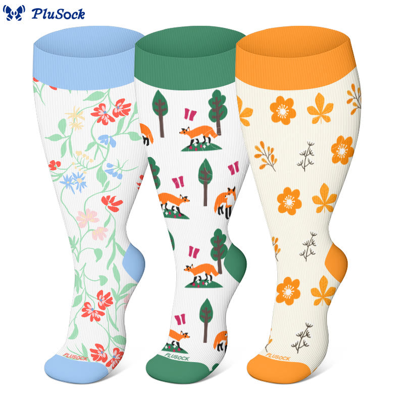 Plusock Plus Size Fox Flower Tree Compression Socks(3 Pairs) - image 0