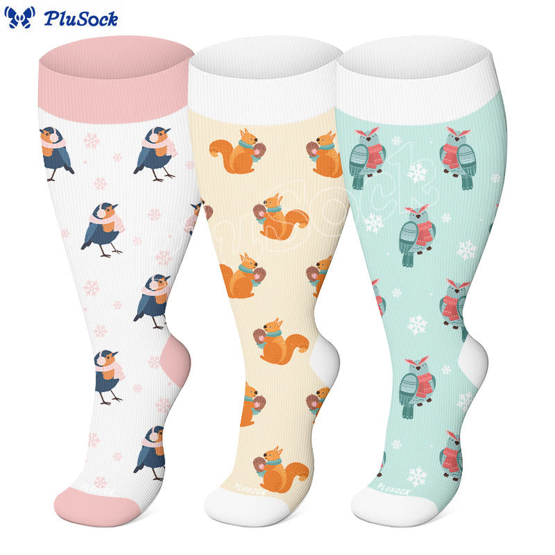 Plus Size Winter Owl Squirrel Bird Compression Socks(3 Pairs) - image 0