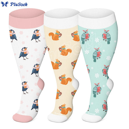 Plus Size Winter Owl Squirrel Bird Compression Socks(3 Pairs) - image 0