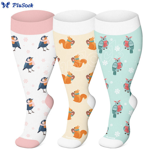 Plus Size Winter Owl Squirrel Bird Compression Socks(3 Pairs) - image 0