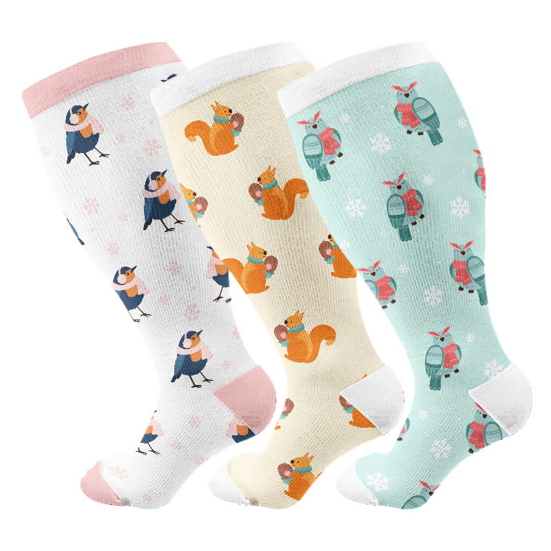 Plus Size Winter Owl Squirrel Bird Compression Socks(3 Pairs) - Multicolor - 4XL - image 1