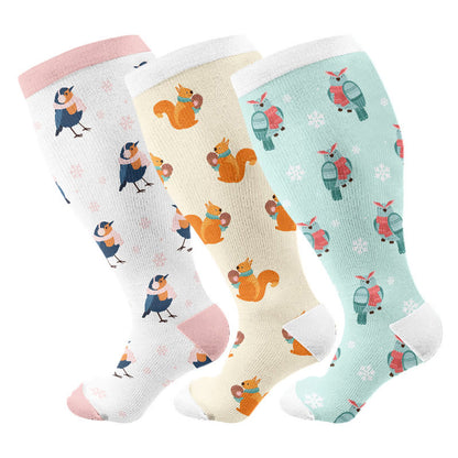 Plus Size Winter Owl Squirrel Bird Compression Socks(3 Pairs) - Multicolor - 4XL - image 1
