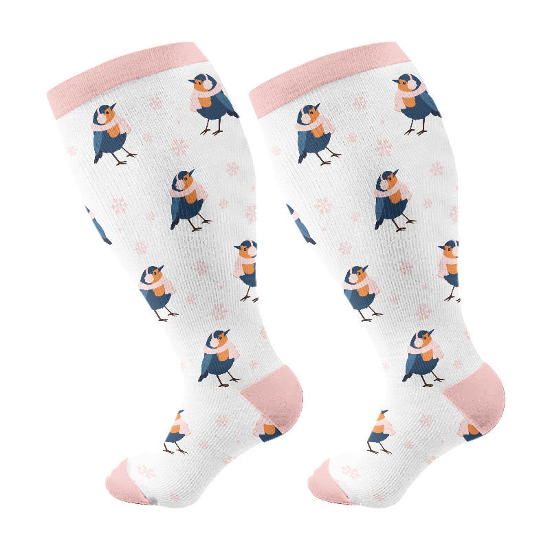 Plus Size Winter Owl Squirrel Bird Compression Socks(3 Pairs) - Pink(1 Pair) - 4XL - image 6