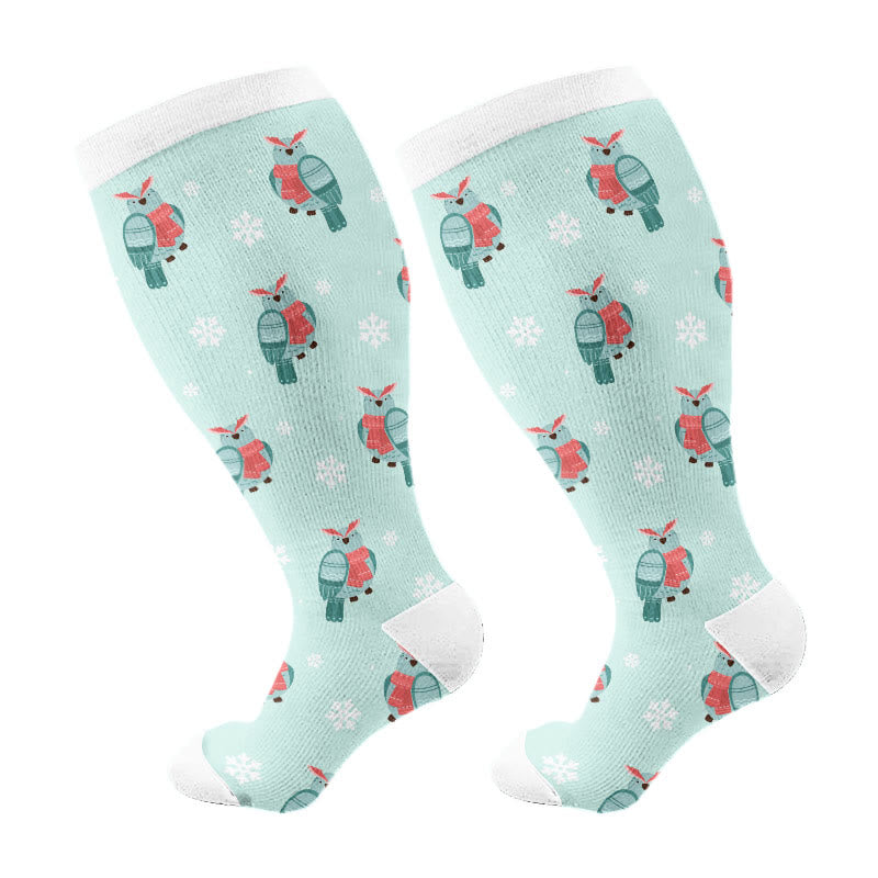 Plus Size Winter Owl Squirrel Bird Compression Socks(3 Pairs) - Blue(1 Pair) - 4XL - image 7