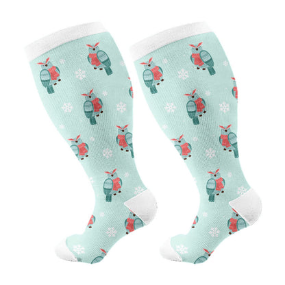 Plus Size Winter Owl Squirrel Bird Compression Socks(3 Pairs) - Blue(1 Pair) - 4XL - image 7