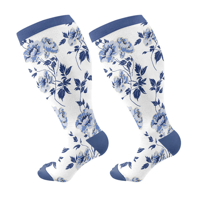 Plus Size Retro Floral Compression Socks(3 Pairs) - Blue(1 Pair) - 4XL - image 7