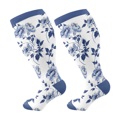 Plus Size Retro Floral Compression Socks(3 Pairs) - Blue(1 Pair) - 4XL - image 7