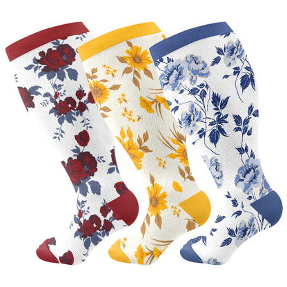 Plus Size Retro Floral Compression Socks(3 Pairs) - Multicolor - 4XL - image 1