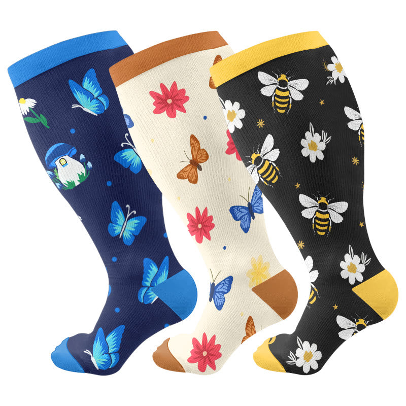 Plus Size Bees Butterflies Compression Socks(3 Pairs) - Multicolor - 4XL - image 1
