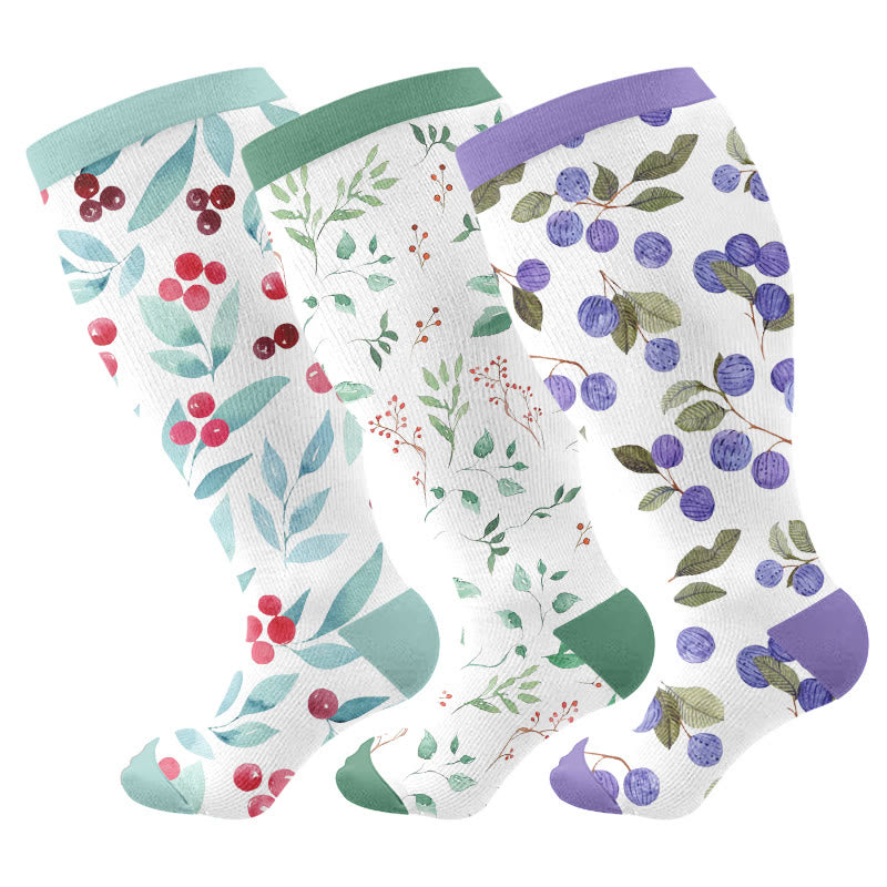 Plus Size Floral Berry Compression Socks(3 Pairs) - Multicolor - 4XL - image 1