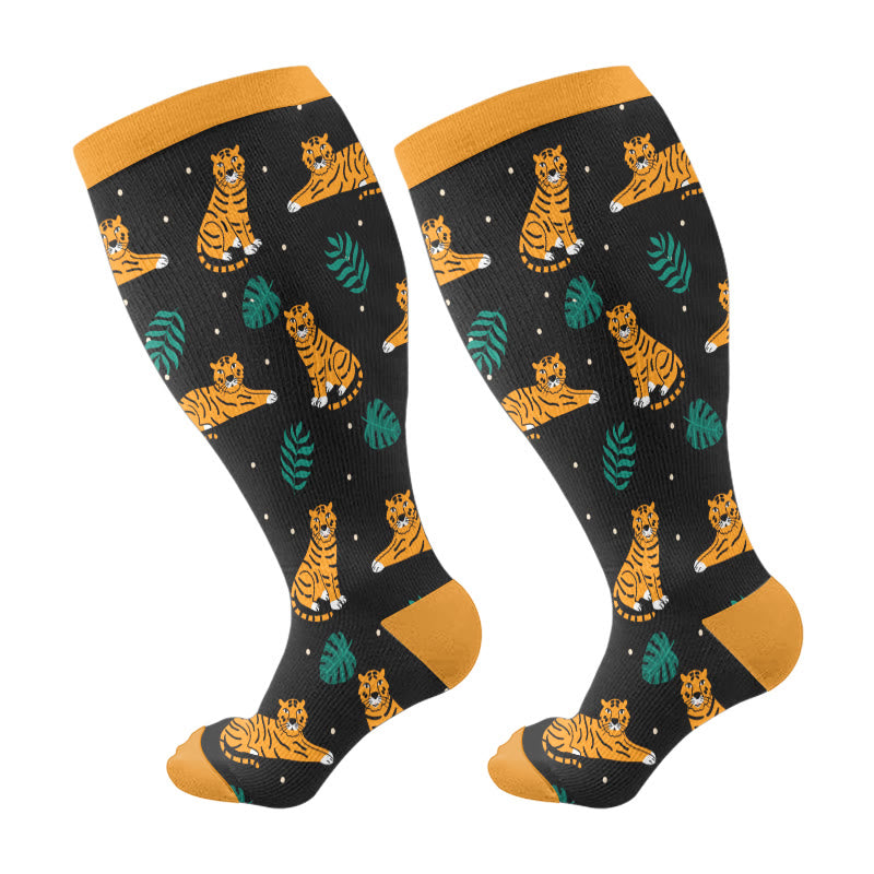 Plus Size Giraffe Tiger Lion Compression Socks(3 Pairs) - Yellow(1 Pair) - 4XL - image 7