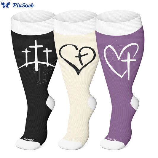 Plus Size Faith Heart Cross Compression Socks(3 Pairs) - image 0
