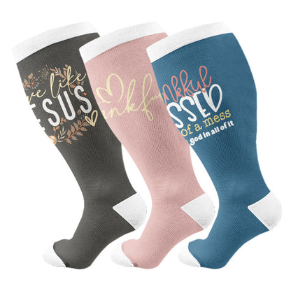 Plus Size Christian Faith Quote Compression Socks(3 Pairs) - Multicolor - 4XL - image 1