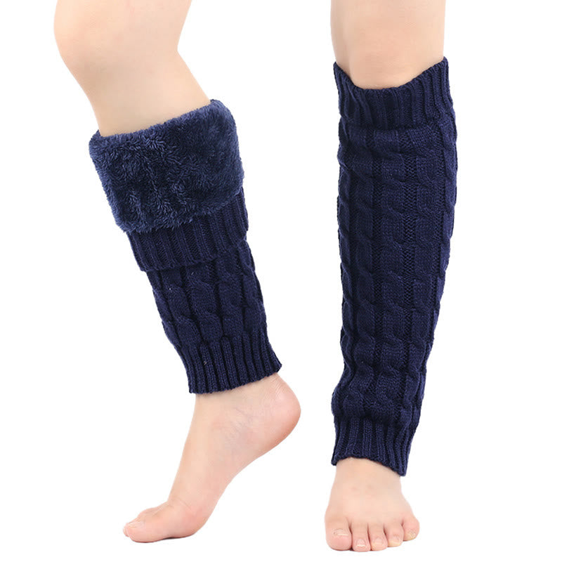Knitted Wool Cable Warm Thickened Leg Warmers - Navy Blue - One Size - image 12