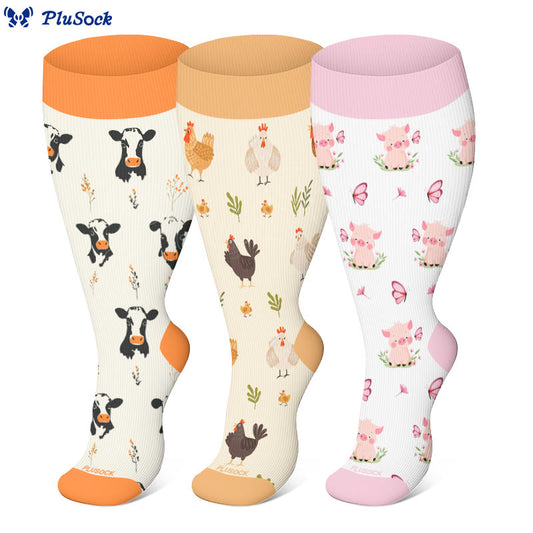 Plus Size Cow Chicken Pig Compression Socks(3 Pairs) - image 0