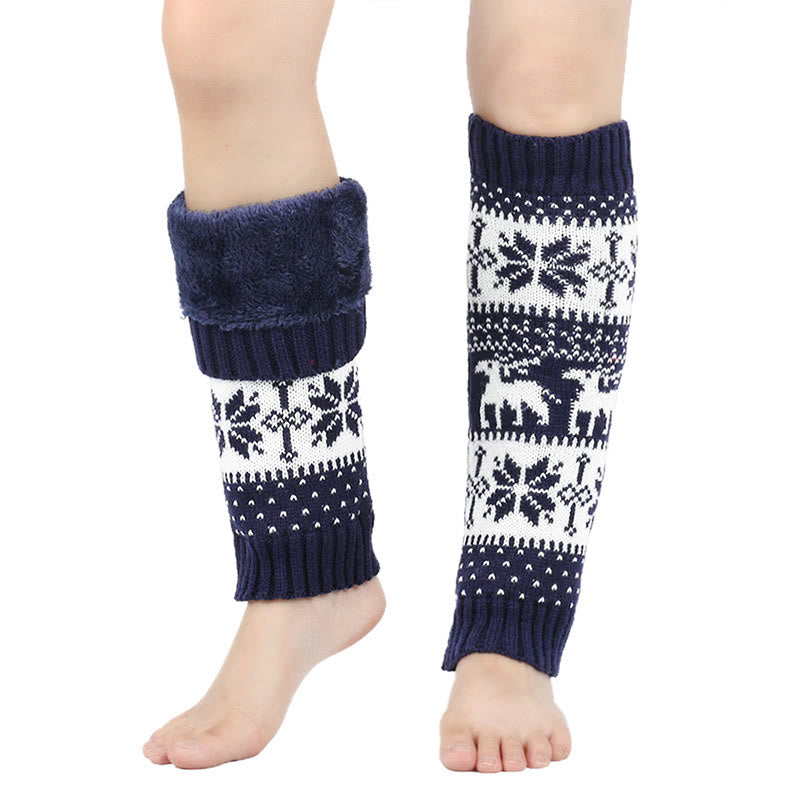 Knitted Fur Snowflake Deer Leg Warmers - Navy Blue - One Size - image 5