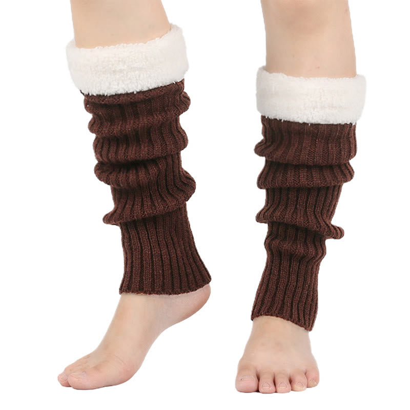 Knitted Fleece Lined Solid Leg Warmers - Coffee - One Size - image 8