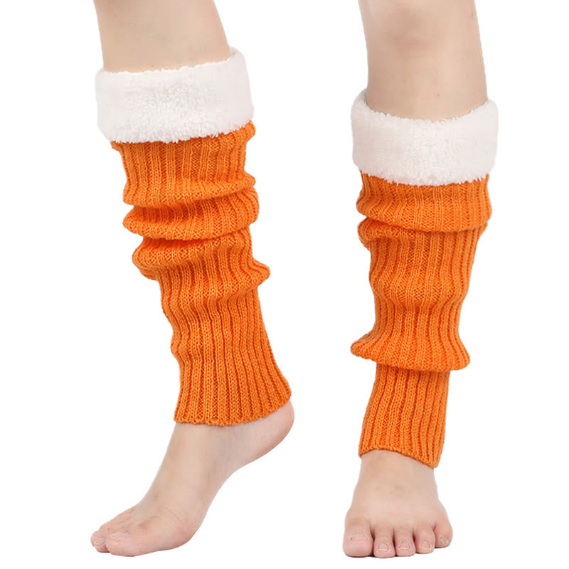 Knitted Fleece Lined Solid Leg Warmers - Orange - One Size - image 12