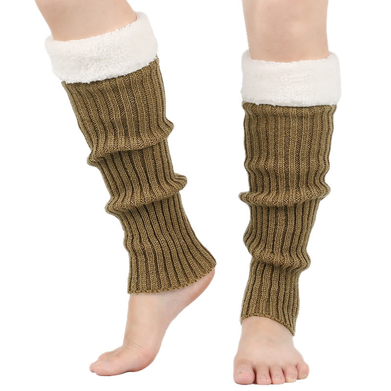 Knitted Fleece Lined Solid Leg Warmers - Khaki - One Size - image 18