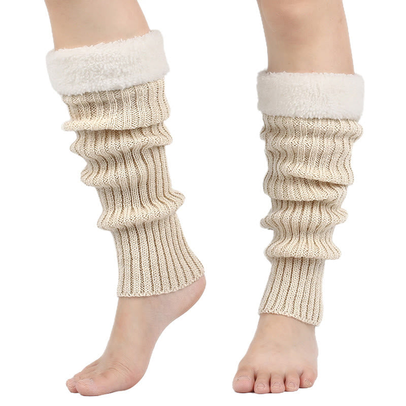 Knitted Fleece Lined Solid Leg Warmers - Beige - One Size - image 11