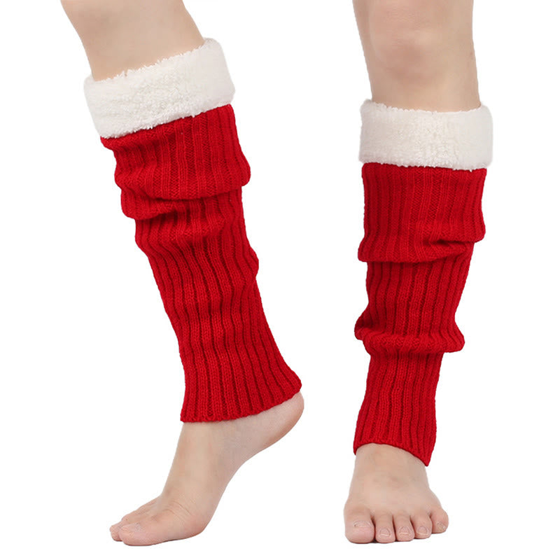Knitted Fleece Lined Solid Leg Warmers - Red - One Size - image 1