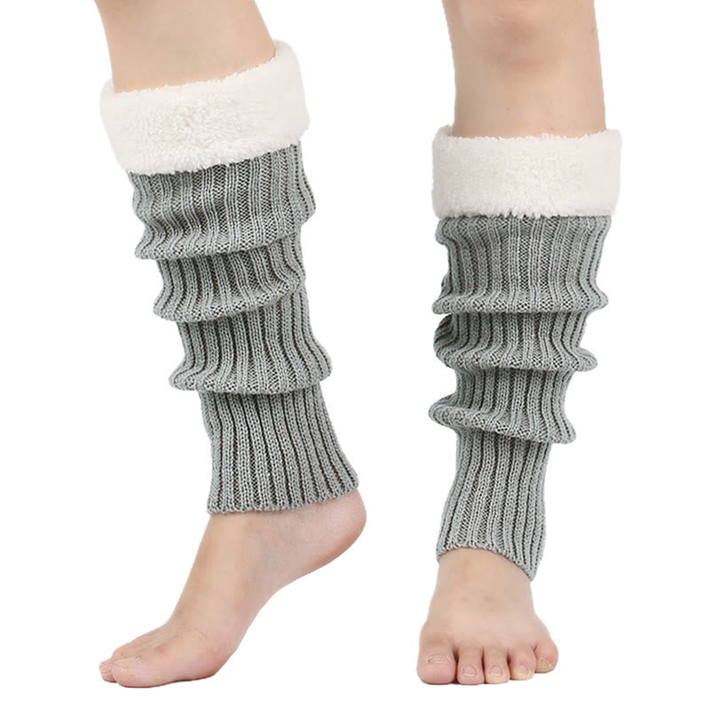Knitted Fleece Lined Solid Leg Warmers - Light Gray - One Size - image 16